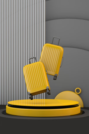 two yellow suitcases floating on modern yellow podiumの写真素材