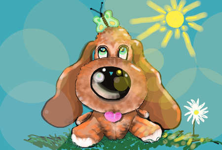 A noble dog with a sweet look watching a butterfly in the sunlightの写真素材
