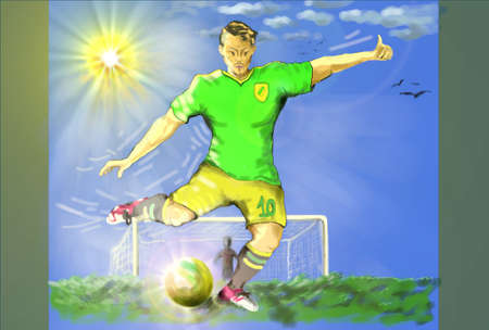 oriental footballer kicking the ballの写真素材