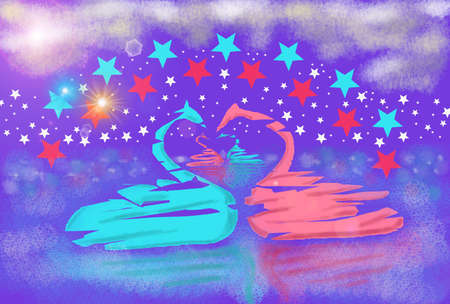 Japanese swans in a magical universeの写真素材