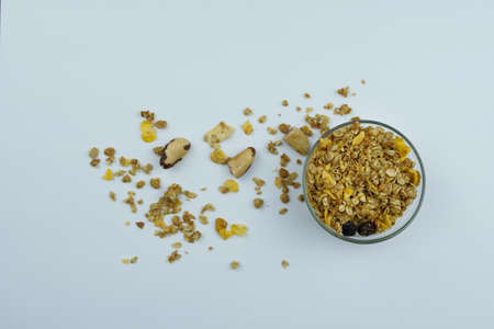 Brazilian chestnut and granola in a bowl. Top view.