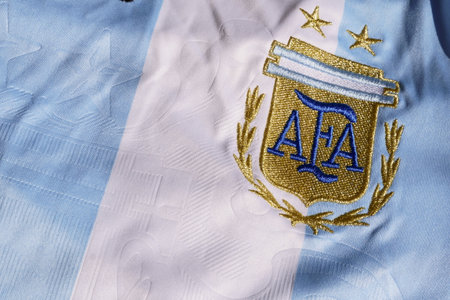Macro closeup of the official shirt of the Argentine soccer team. Argentina is among the main countries in the sport. Selective focus. Rio de Janeiro, RJ, Brazil. May 2021.のeditorial素材