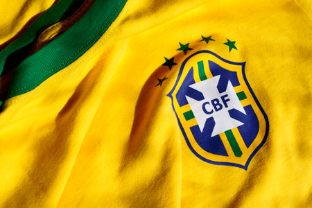 Macro closeup of the official shirt of the Brazilian soccer team. Brazil is among the main countries in the sport. Selective focus. Rio de Janeiro, RJ, Brazil. May 2021.のeditorial素材