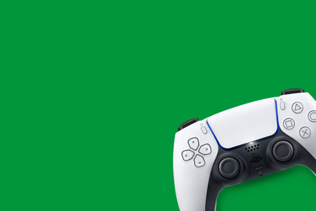 Playstation 5 Dual Sense controller isolated on green background. Top view. Rio de Janeiro, RJ,...
