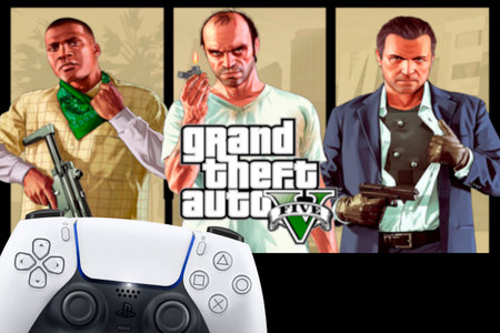 Playstation 5 Dual Sense controller with GTA Grand Theft Auto 5 game blurred in the background. Rio...