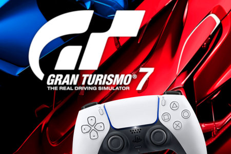 Playstation 5 Dual Sense controller with Gran Turismo 7 game blurred in the background. Rio de...