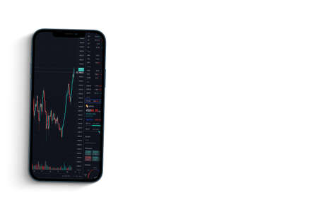 A smartphone with financial stock market graph. Stock Exchange. White Background.