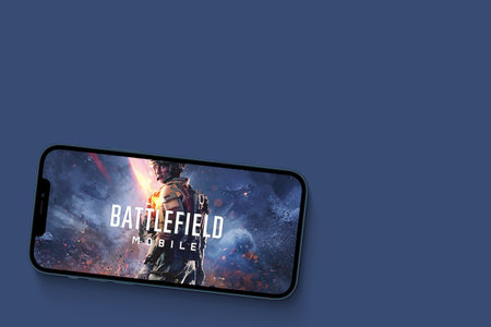 Battlefield Mobile game app on the smartphone screen on blue background. Top view. Rio de Janeiro,...