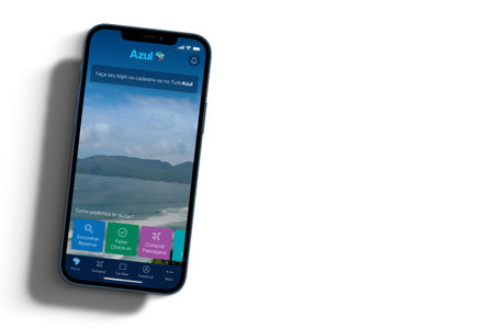 Blue airlines (Blue) app on smartphone screen on white background. Rio de Janeiro, RJ, Brazil. September 2021.のeditorial素材