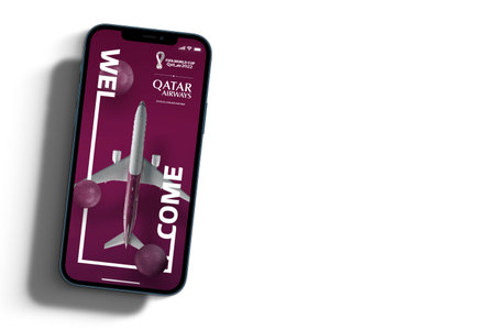 Qatar Airways app on smartphone screen on white background. Rio de Janeiro, RJ, Brazil. September 2021.のeditorial素材
