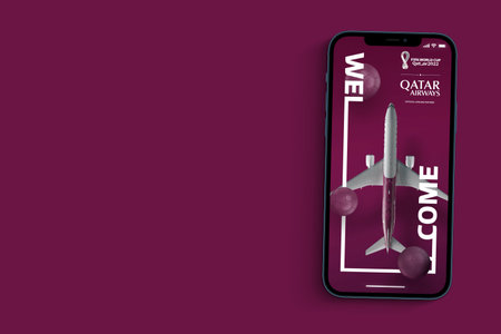 Qatar Airways app on smartphone screen on purple background. Rio de Janeiro, RJ, Brazil. September 2021.のeditorial素材