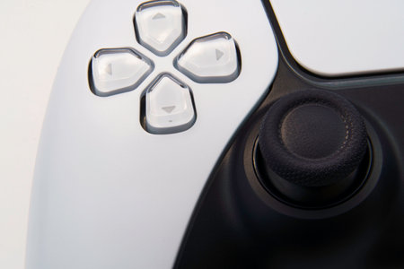 Macro close-up of Playstation 5 Dual Sense controller isolated. Rio de Janeiro, RJ, Brazil. September 2021.のeditorial素材