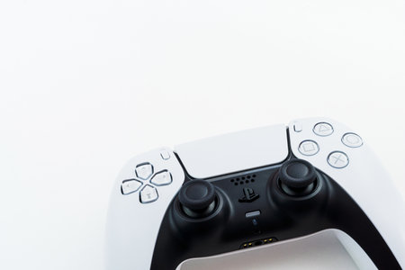 Playstation 5 Dual Sense controller isolated on white background. Selective focus. Rio de Janeiro,...