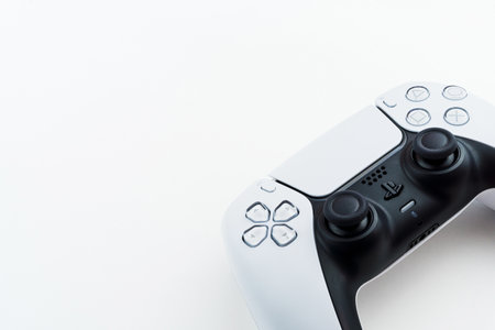 Playstation 5 Dual Sense controller isolated on white background. Selective focus. Rio de Janeiro, RJ, Brazil. September 2021.のeditorial素材
