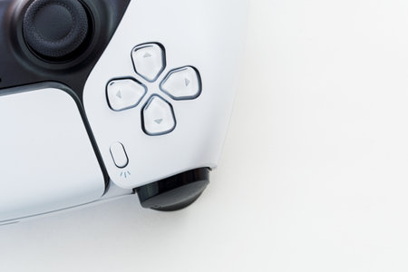 Playstation 5 Dual Sense controller isolated on white background. Selective focus. Rio de Janeiro,...
