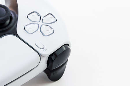 Playstation 5 Dual Sense controller isolated on white background. Selective focus. Rio de Janeiro, RJ, Brazil. September 2021.のeditorial素材