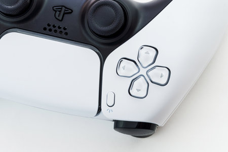 Playstation 5 Dual Sense controller isolated on white background. Selective focus. Rio de Janeiro,...