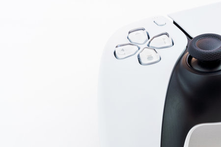 Playstation 5 Dual Sense controller isolated on white background. Selective focus. Rio de Janeiro,...