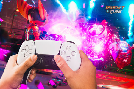 Female hand holding a Playstation 5 Dual Sense Controller with Ratchet and Clank Rift Apart game...