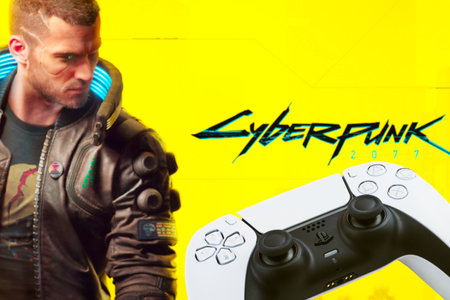 Playstation 5 Dual Sense Controller with CyberPunk 2077 game blurred in the background. Rio de...