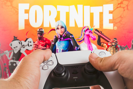 Male hand holding a Playstation 5 Dual Sense Controller with Fortnite Season 8 game blurred in the...