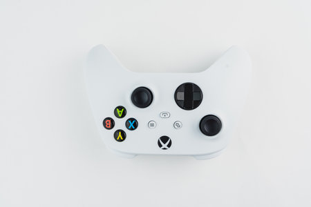 Close-up of Xbox S Series white controller isolated on white background. Selective focus. Rio de...