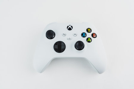 Close-up of Xbox S Series white controller isolated on white background. Selective focus. Rio de...