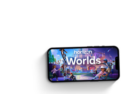 Horizon Worlds by Meta (Facebook) app on smartphone screen on white background. Free online virtual...
