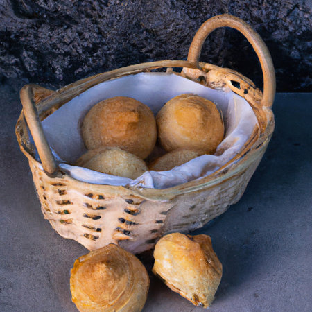 Mini pastries that were just ready in a straw basket on the burnt cement table. food