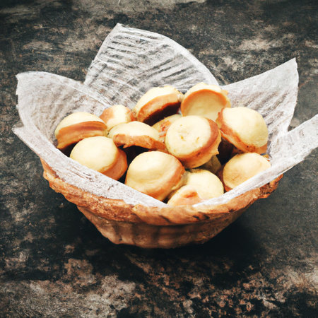 Mini pastries that were just ready in a straw basket on the burnt cement table. foodの写真素材