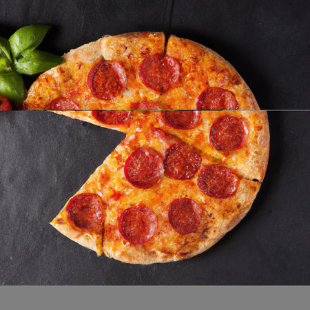 Tasty pepperoni pizza and cooking ingredients tomatoes basil on black concrete background. Top view.