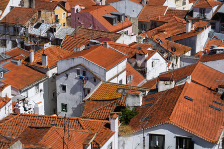 View of the beautiful skyline of Lisbon, Portugal, with red roofed, colorful houses in the Alfama district during a sunny day.の写真素材