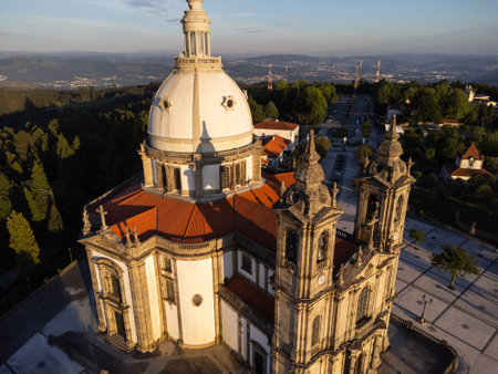 Sameiro Sanctuary drone aerial view in Braga, Portugal. Sunset. Sunny day.の写真素材