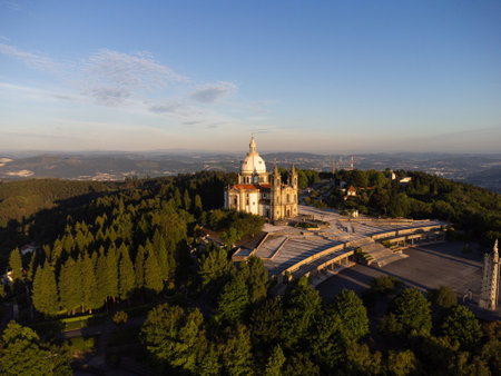 Sameiro Sanctuary drone aerial view in Braga, Portugal. Sunset. Sunny day.の写真素材