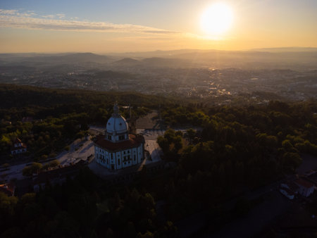 Sameiro Sanctuary drone aerial view in Braga, Portugal. Sunset. Sunny day.の写真素材