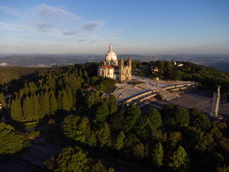 Sameiro Sanctuary drone aerial view in Braga, Portugal. Sunset. Sunny day.の写真素材