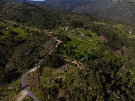 Beautiful and scenic aerial view of village of GerÃªs, Soajo, Portugal. Spring day. Houses,...