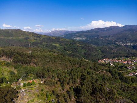 Beautiful and scenic aerial view of village of GerÃªs, Soajo, Portugal. Spring day. City, houses,...