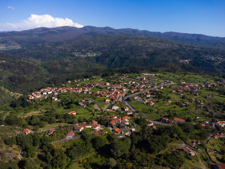 Beautiful and scenic aerial view of village of GerÃªs, Soajo, Portugal. Spring day. City, houses, mountains and waterfalls. Near Porto. droneの写真素材