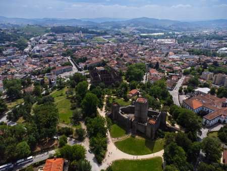 Aerial view of Guimaraes city, Castelo Guimaraes Castle and PaÃ§o dos Duques. Cityscape seen from the air. Portugal. Drone.の写真素材