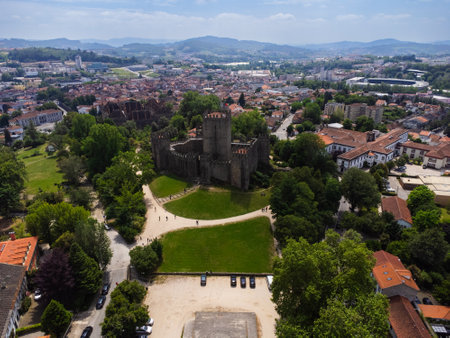 Aerial view of Guimaraes city, Castelo Guimaraes Castle and PaÃ§o dos Duques. Cityscape seen from the air. Portugal. Drone.の写真素材