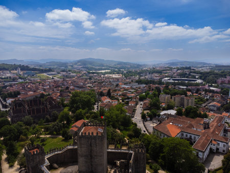 Aerial view of Guimaraes city, Castelo Guimaraes Castle and PaÃ§o dos Duques. Cityscape seen from the air. Portugal. Drone.の写真素材