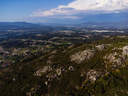 Aerial view of Vila Nova de Cerveira, Portugal. Miradouro do Cervo Viewpoint. Alto Minho, Viana do Castelo in Portugal. On one side of the river is Portugal, on the other is Spain.の写真素材