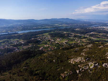 Aerial view of Vila Nova de Cerveira, Portugal. Miradouro do Cervo Viewpoint. Alto Minho, Viana do Castelo in Portugal. On one side of the river is Portugal, on the other is Spain.の写真素材