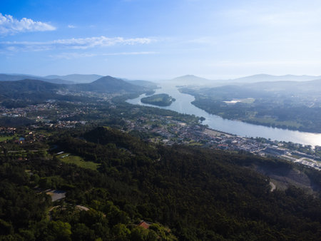 Aerial view of Vila Nova de Cerveira, Portugal. Miradouro do Cervo Viewpoint. Alto Minho, Viana do Castelo in Portugal. On one side of the river is Portugal, on the other is Spain.の写真素材