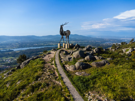 Aerial view of Vila Nova de Cerveira, Portugal. Miradouro do Cervo Viewpoint. Alto Minho, Viana do Castelo in Portugal. On one side of the river is Portugal, on the other is Spain.の写真素材
