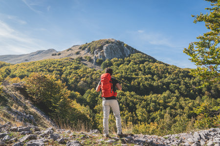 Man walking in nature path with red backpack on shoulders exploring new places with amazing sight. He walks on mountains admiring the beauty of nature: trees, forest and blue sky with white cloudsの写真素材