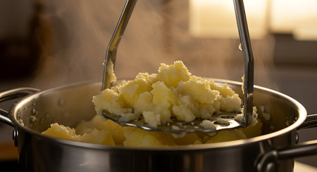 Mashed potatoes being poured into a saucepan, close-upの素材