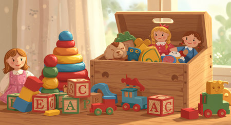 Children playing with toys in the wooden box. Illustration of a childrens room.の素材