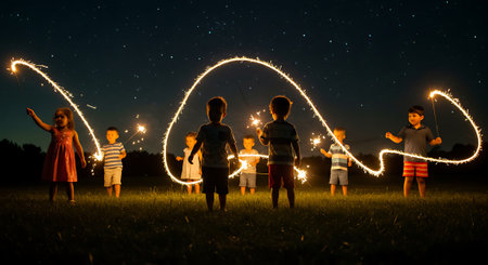 Group of happy children having fun and playing with sparklers outdoors at nightの素材